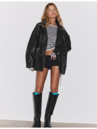 stradivarius oversize τζάκετ με όψη δέρματος και κουμπιά μαύρο xs