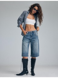 stradivarius τζιν βερμούδα wide leg με μεγάλες τσέπες μπλε overdye 32