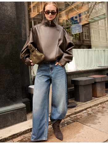 stradivarius oversize μπουφάν biker με όψη δέρματος καφέ m