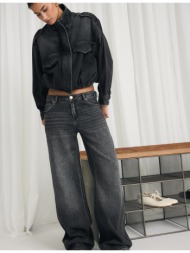 stradivarius denim τζάκετ balloon ξεβαμμένο μαύρο xs