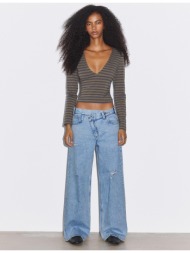 stradivarius τζιν παντελόνι wide leg με σταυρωτή μέση γαλάζιο 42