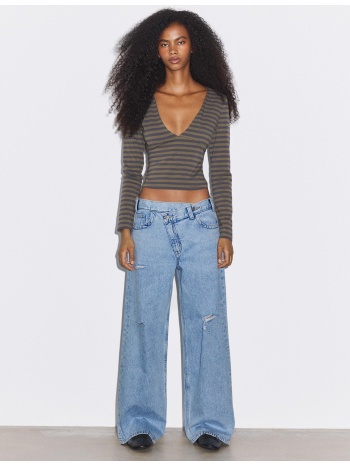 stradivarius τζιν παντελόνι wide leg με σταυρωτή μέση