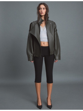 stradivarius oversize biker τζάκετ με όψη δέρματος χακί xs