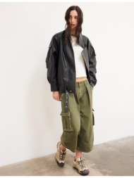 stradivarius oversize τζάκετ με πέτο και όψη δέρματος μαύρο xl