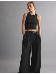 stradivarius παντελόνι wide leg με πιέτες και ζώνη μαύρο 34