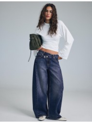 stradivarius baggy τζιν παντελόνι με χιαστί μέση μπλε overdye 42