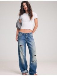 stradivarius χαμηλόμεσο τζιν σε ίσια γραμμή με σκισίματα μπλε overdye 36