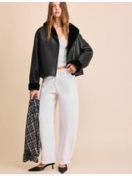 stradivarius τζάκετ ντουμπλ φας με γυριστό γιακά και όψη δέρματος μαύρο xl