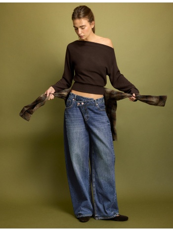 stradivarius πλεκτή μπλούζα με λαιμόκοψη χαμόγελο και
