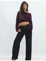 stradivarius πλεκτό πουλόβερ απαλό με ζωνάρι μελιτζανι s