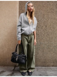 stradivarius πλεκτή ζακέτα με φερμουάρ και κουκούλα γκρι μελανζέ l
