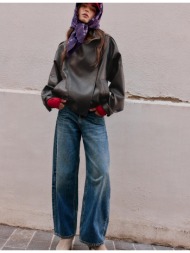 stradivarius μπουφάν biker oversize με όψη δέρματος καφέ s