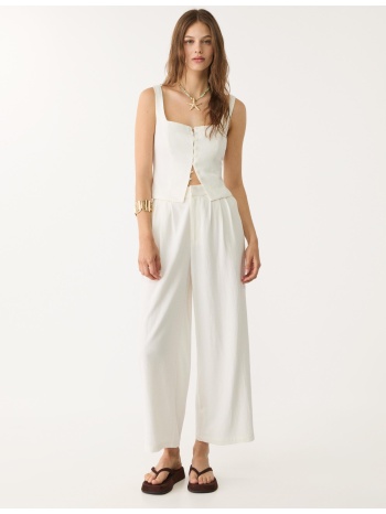 stradivarius εμπριμέ παντελόνι culotte με λινό εκρού xs