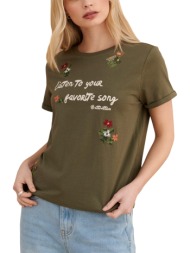 μπλούζα κοντομάνικη attrattivo με στάμπα και κεντήματα 9923148-khaki γυναικείο