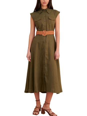 φόρεμα attrattivo μίντι λινό με ζώνη 9923003-khaki γυναικείο