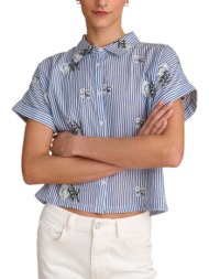 πουκάμισο κοντομάνικο attrattivo ριγέ με κεντητά λουλούδια 9920443-blue γυναικείο