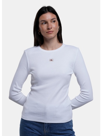 calvin klein w ls woven label 2x2 rib crew top