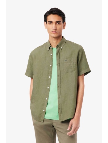 lacoste ανδρικό λινό πουκάμισο κοντομάνικο με τσέπη και