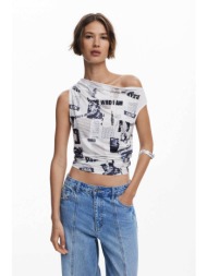 desigual γυναικεία αμάνικη μπλούζα ντραπέ regular fit `breaking news` - 25wwtk10 λευκό