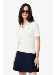 lacoste γυναικεία πλεκτή μπλούζα πόλο με διάτρητο κεντητό σχέδιο slim fit - df5296-00 λευκό