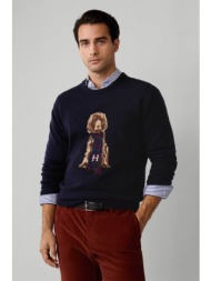 hackett ανδρικό μάλλινο πουλόβερ με logo print `merino` - hm7000051 μπλε σκούρο
