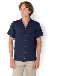 the bostonians ανδρικό λινο πουκάμισο με τσέπη και κεντημένο λογότυπο custom fit - blp2412 μπλε σκού