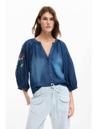 desigual γυναικείo denim πουκάμισο με tropical print `blus chambre` - 26swbw16 denim blue