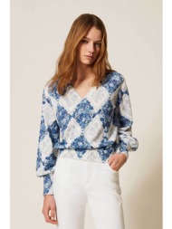twinset γυναικεία πλεκτή μπλούζα με εμπριμέ σχέδιο - 261tp3530 γαλάζιο