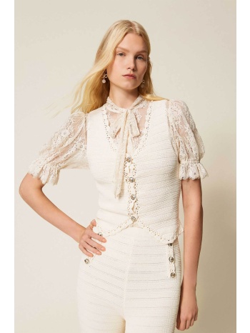 twinset γυναικείο γιλέκο crochet με κουμπιά - 261tp3077 μπεζ