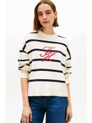 tommy hilfiger γυναικείο πουλόβερ με ριγέ σχέδιο και κεντημένο logo relaxed fit - ww0ww49768 ασπρόμα