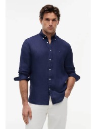 tommy hilfiger ανδρικό λινό πουκάμισο button down με κεντημένο logo flag regular fit - mw0mw41530 μπ