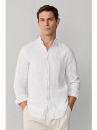 hackett ανδρικό λινό πουκάμισο μάο με κεντημένο λογότυπο tailored fit - hm3010632 λευκό