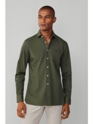 hackett ανδρικό πουκάμισο stretch poplin με κεντημένο λογότυπο tailored fit - hm3010540 πράσινο σκού