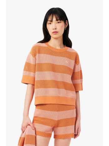 lacoste γυναικείο πουλόβερ με ριγέ σχέδιο και λογότυπο