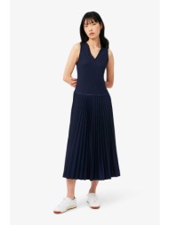 lacoste γυναικείο midi φόρεμα αμάνικο με v και πλισέ φούστα regular fit - ef2432 μπλε σκούρο