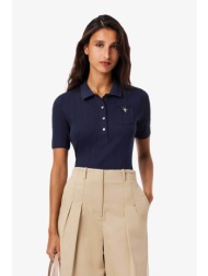 lacoste γυναικεία πλεκτή μπλούζα πόλο με διάτρητο κεντητό σχέδιο slim fit - df5296-00 μπλε σκούρο