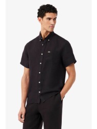 lacoste ανδρικό λινό πουκάμισο κοντομάνικο με τσέπη και κεντημένο λογότυπο regular fit - ch5699 καφέ