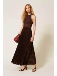 twinset γυναικείο maxi αμάνικο φόρεμα πλισέ - 261tt3191 καφέ