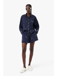 lacoste γυναικεία βερμούδα με ελαστική μέση και ριγέ σχέδιο με tennis player motif oversized fit - f