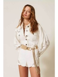 twinset γυναικείο denim jacket μονόχρωμο με διάτρητα σχέδια - 261tt2460 εκρού