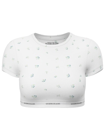 guess γυναικείο crop top με floral print - w5yz02kbbu1 λευκό