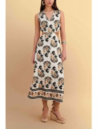 attrattivo γυναικείο midi αμάνικο φόρεμα με floral print και cut-out - 9923141 εκρού