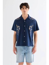 wrangler® ανδρικό κοντομάνικο πουκάμισο με κεντημένο σχέδιο relaxed fit - 112378101 μπλε σκούρο