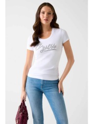 guess γυναικείο t-shirt και ανάγλυφο λογότυπο με στρας regular fit - w6ri24j1314 λευκό