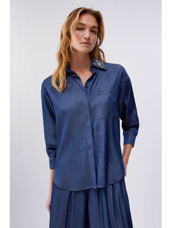 liu jo γυναικείο denim πουκάμισο με αφαιρούμενο κεντημένο