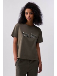 liu jo γυναικείο t-shirt με logo print regular fit - wa6238js923 λαδί