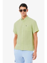 lacoste ανδρικό λινό πουκάμισο κοντομάνικο με τσέπη και κεντημένο λογότυπο regular fit - ch5699 πράσ