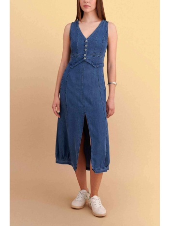 attrattivo γυναικείο midi αμάνικο denim φόρεμα - 9923103