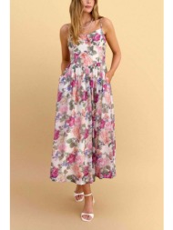 attrativo γυναικεία midi αμάνικο φόρεμα με floral print - 9923208 ροζ