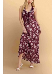 attrativo γυναικείo maxi αμάνικο φόρεμα με floral print και βολάν - 9923167 μπορντό